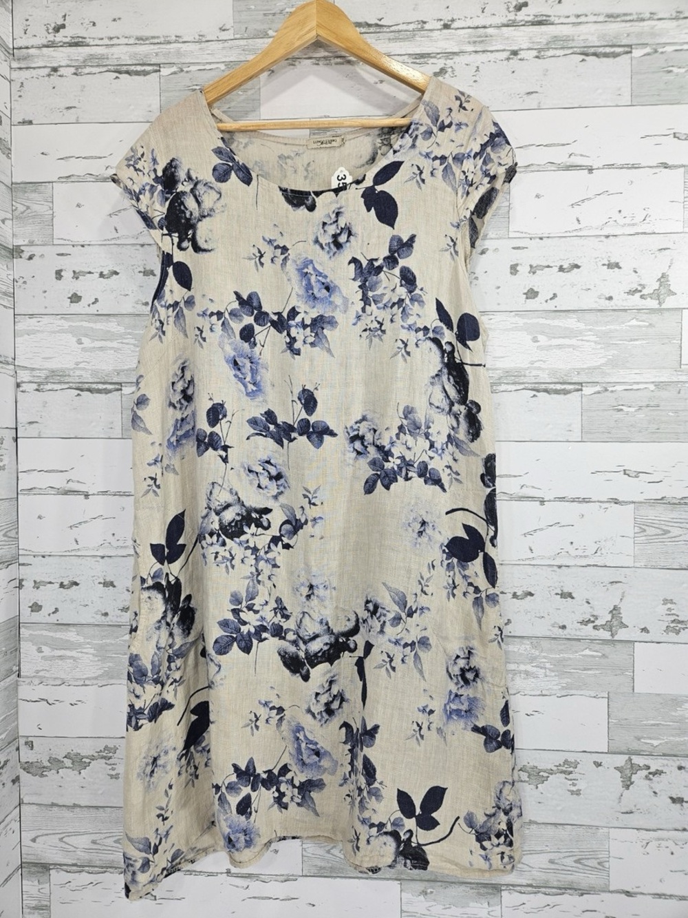 Beige Floral Midi Dress with Blue Print